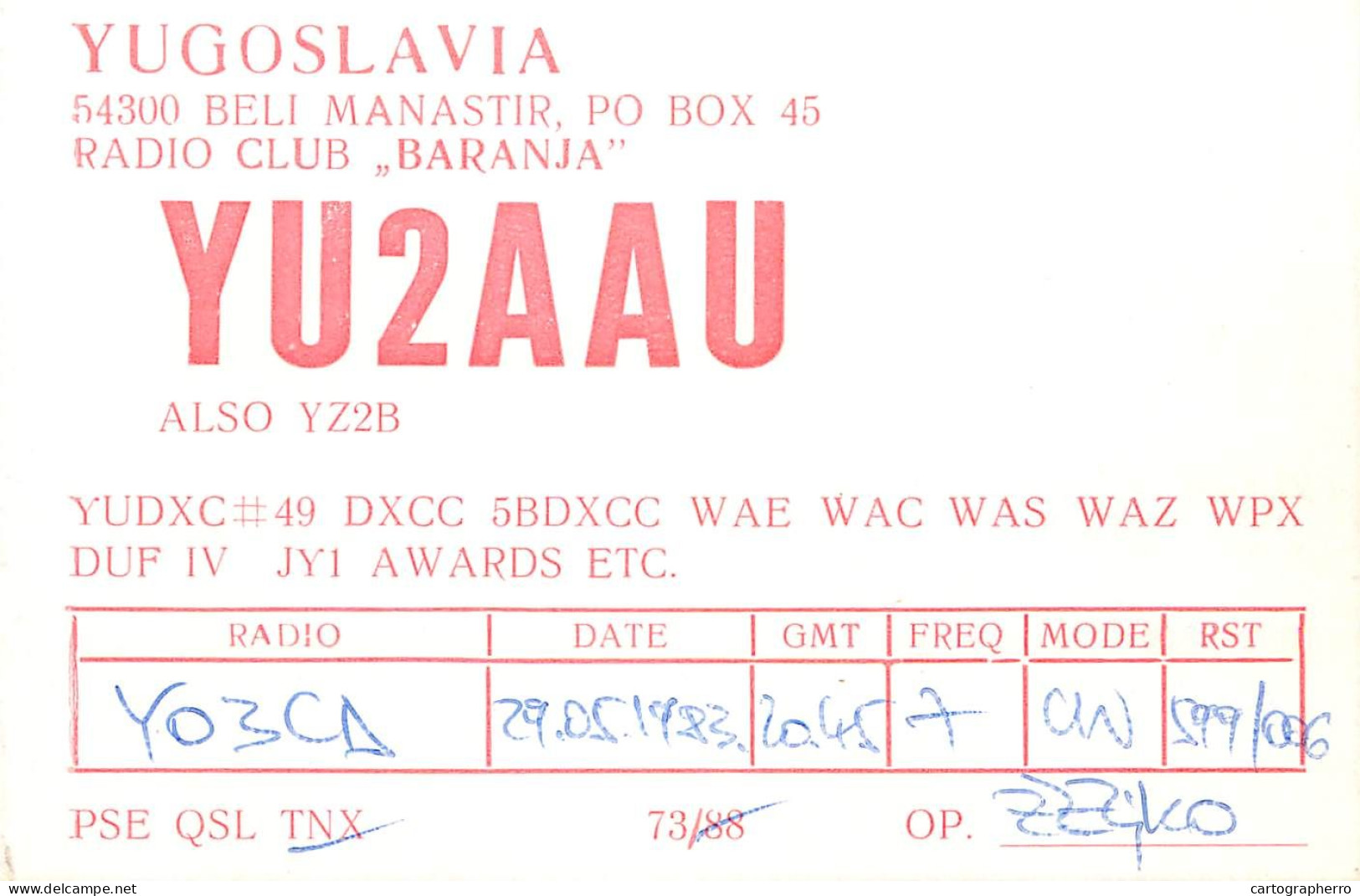 QSL Card Yugoslavia Amateur Radio Station YU2AAU Y03CD 1983 Zeliko - Radio Amateur