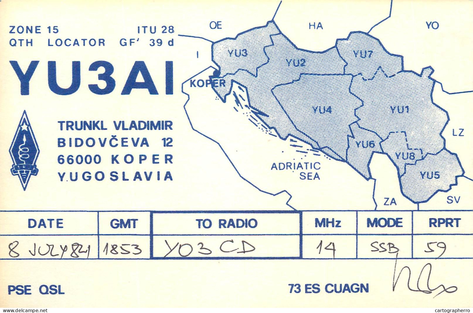 QSL Card Yugoslavia Amateur Radio Station YU3AI Y03CD - Radio Amateur