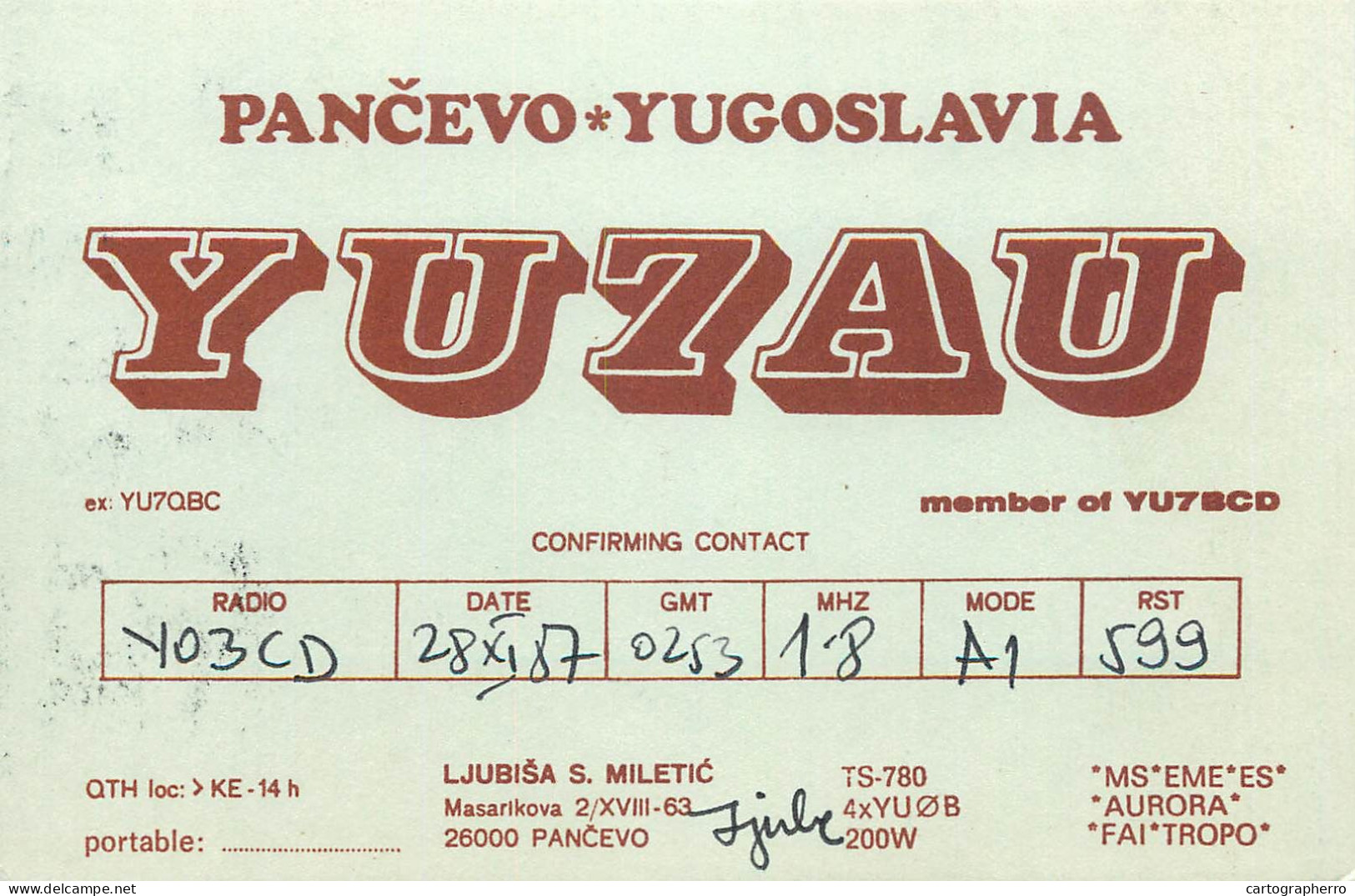 QSL Card Yugoslavia Amateur Radio Station YU7AU Y03CD 1987 Jyule - Radio Amateur