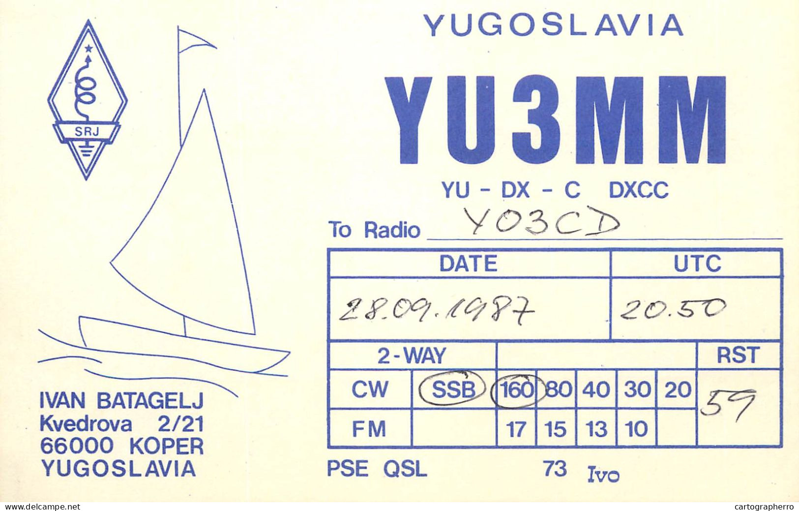 QSL Card Yugoslavia Amateur Radio Station YU3MM Y03CD 1987 Ivan - Radio Amateur