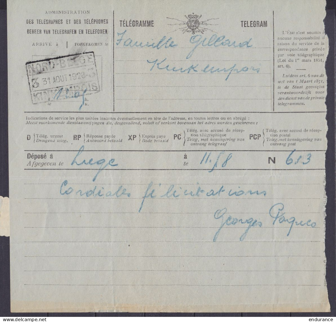 Télégramme Déposé à LIEGE Pour KINKEMPOIS - Càd [NORD-BELGE /31 AOUT 1926/ KINKEMPOIS] - Télégrammes