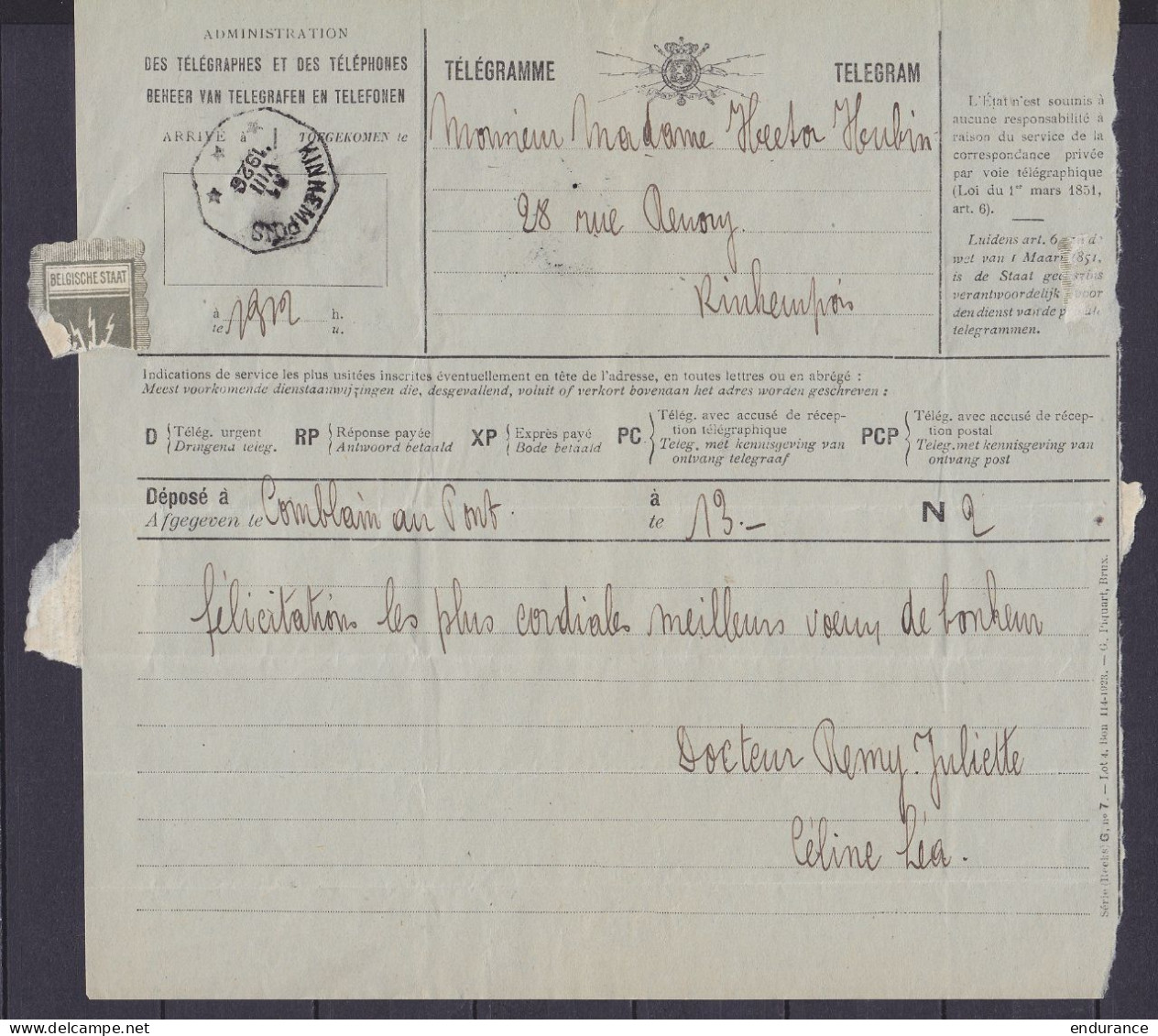 Télégramme Déposé à COMBLAIN-AU-PONT Pour KINKEMPOIS - Càd Octogon. KINKEMPOIS /31 VIII 1926 - Telegrams