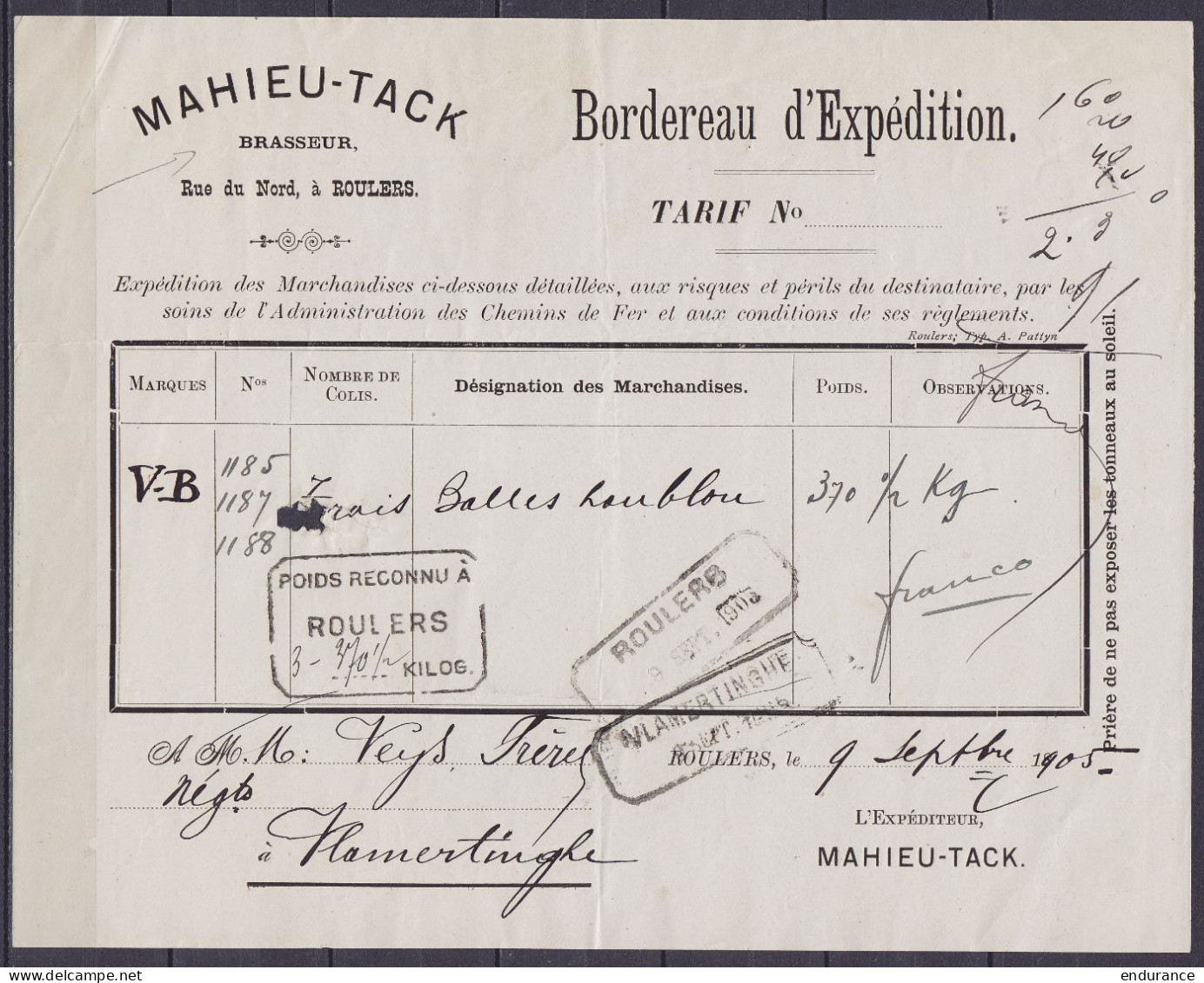 Bordereau D'expédition "Brasseur Mahieu-Tack" De ROULERS Pour VLAMERTINGHE - Cachets Départ [ROULERS /9 SEPT. 1905], [PO - Otros & Sin Clasificación