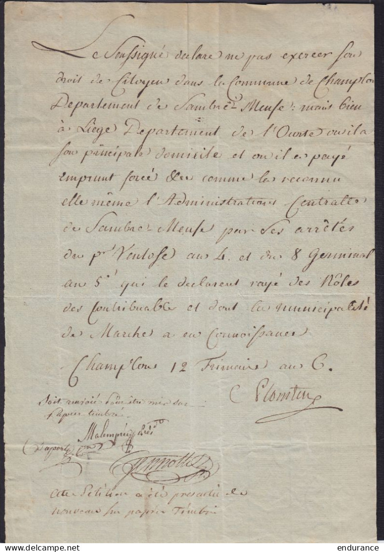 L. Datée 12 Frimaire An 6 De CHAMPLON Pour E/V - Cachet "ADMINIST. MUNICIPALE DU CANTON DE MARCHE / DEPt. DE SAMBRE ET M - 1794-1814 (Französische Besatzung)