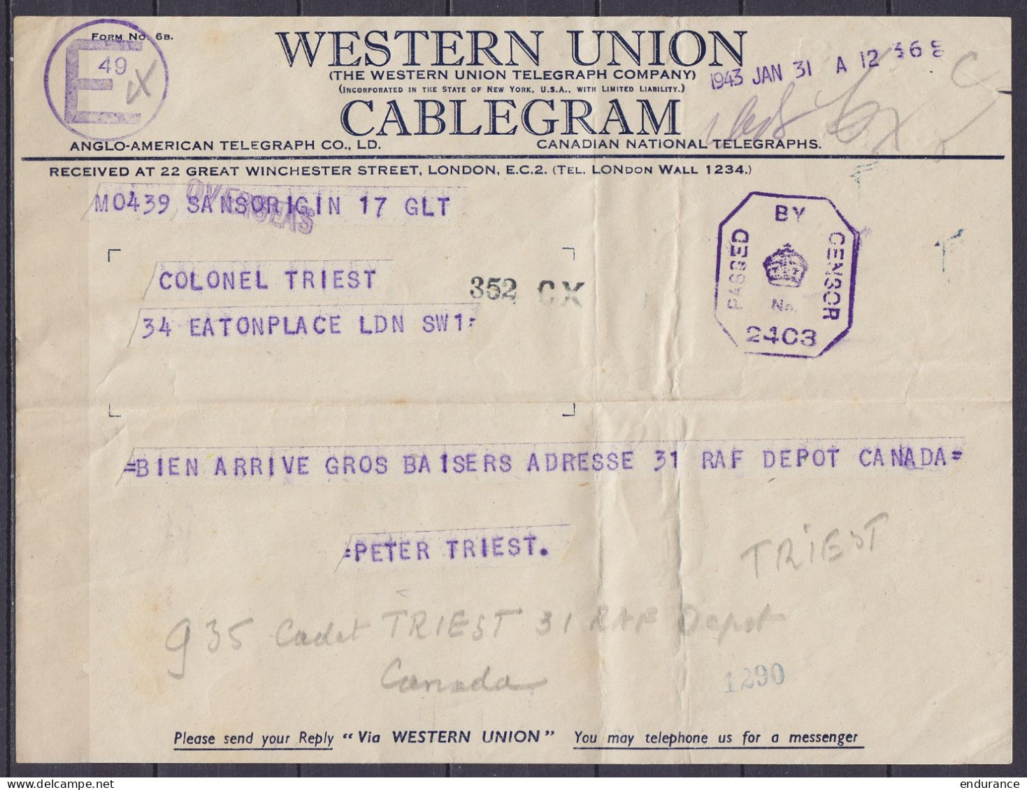 Télégramme "Western Union / Cablegram" Du Canada (SANS ORIGINE) Pour LONDRES - 31 Janvier 1943 - Cachet Censure Britanni - Covers & Documents