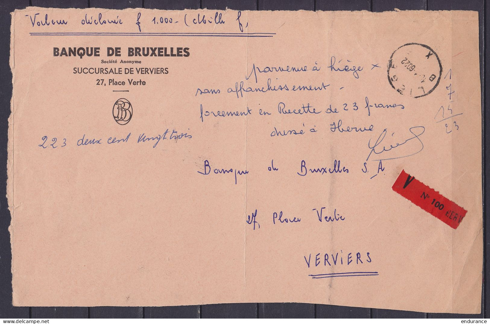 Devant De Lettre "Valeur Déclarée" Càd LIEGE /1?-1-1960 Pour VERVIERS - Note Man. Poste "parvenue à Liège Sans Affranchi - Covers & Documents