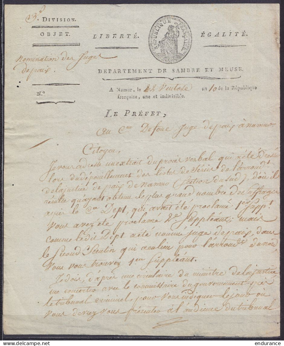 Sambre Et Meuse - L. Signée Pérès Datée 22 Ventôse An 10 De NAMUR - 1794-1814 (Periodo Francese)