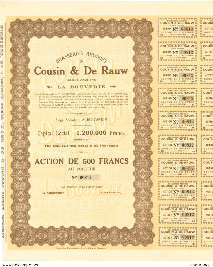 Brasseries Réunies Cousin & De Rauw La Bouverie 1922 - Action De 500 Francs Au Porteur - Industrial