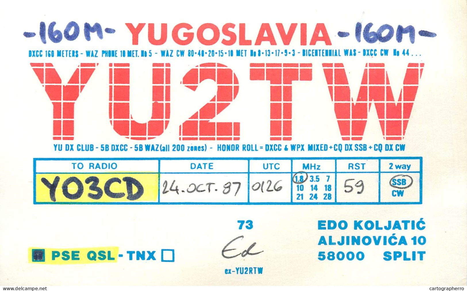 QSL Card Yugoslavia Amateur Radio Station YU2TW Y03CD 1987 Edo Koljatic - Radio Amateur