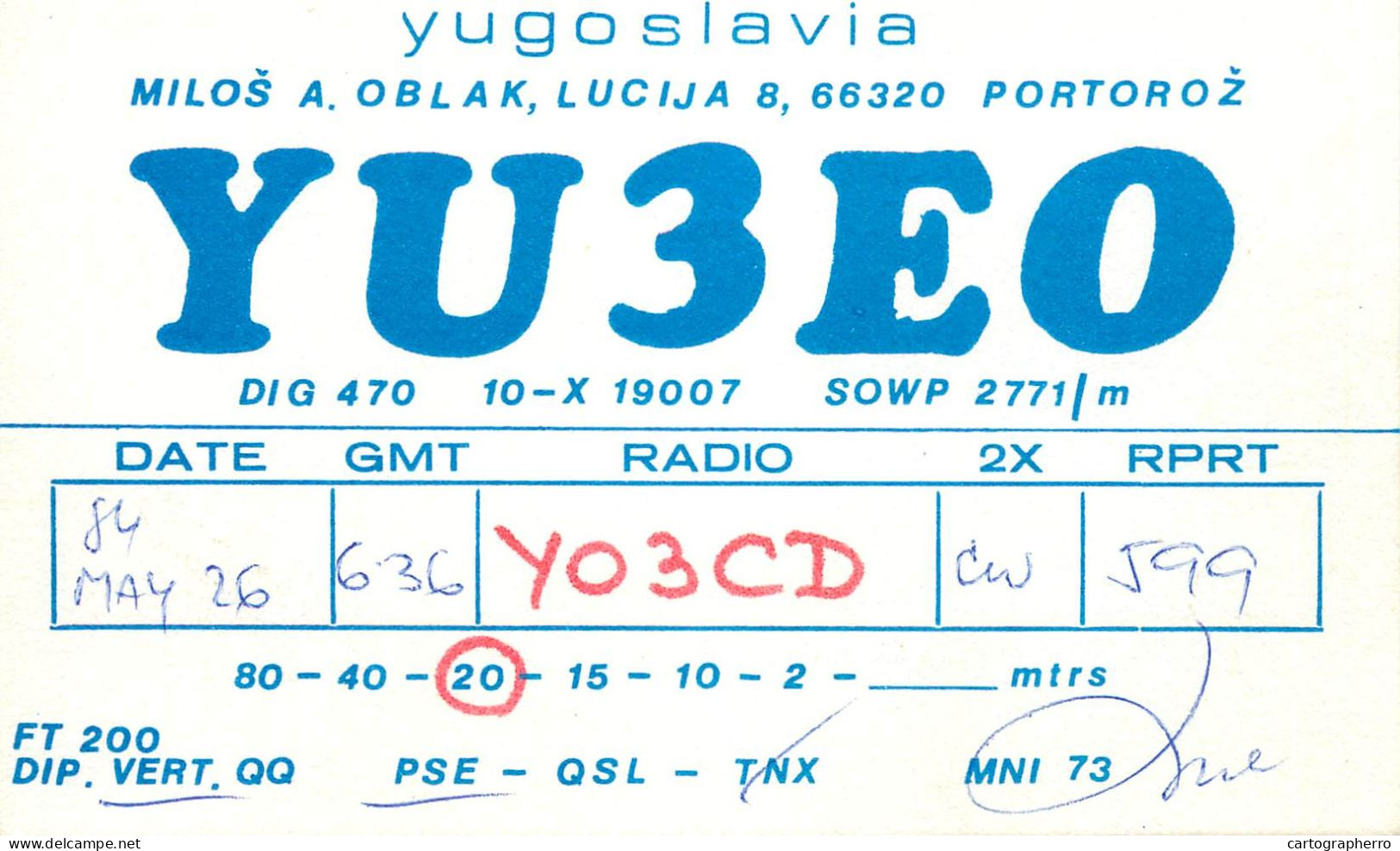 QSL Card Yugoslavia Amateur Radio Station YU3EO Y03CD 1984 - Radio Amateur