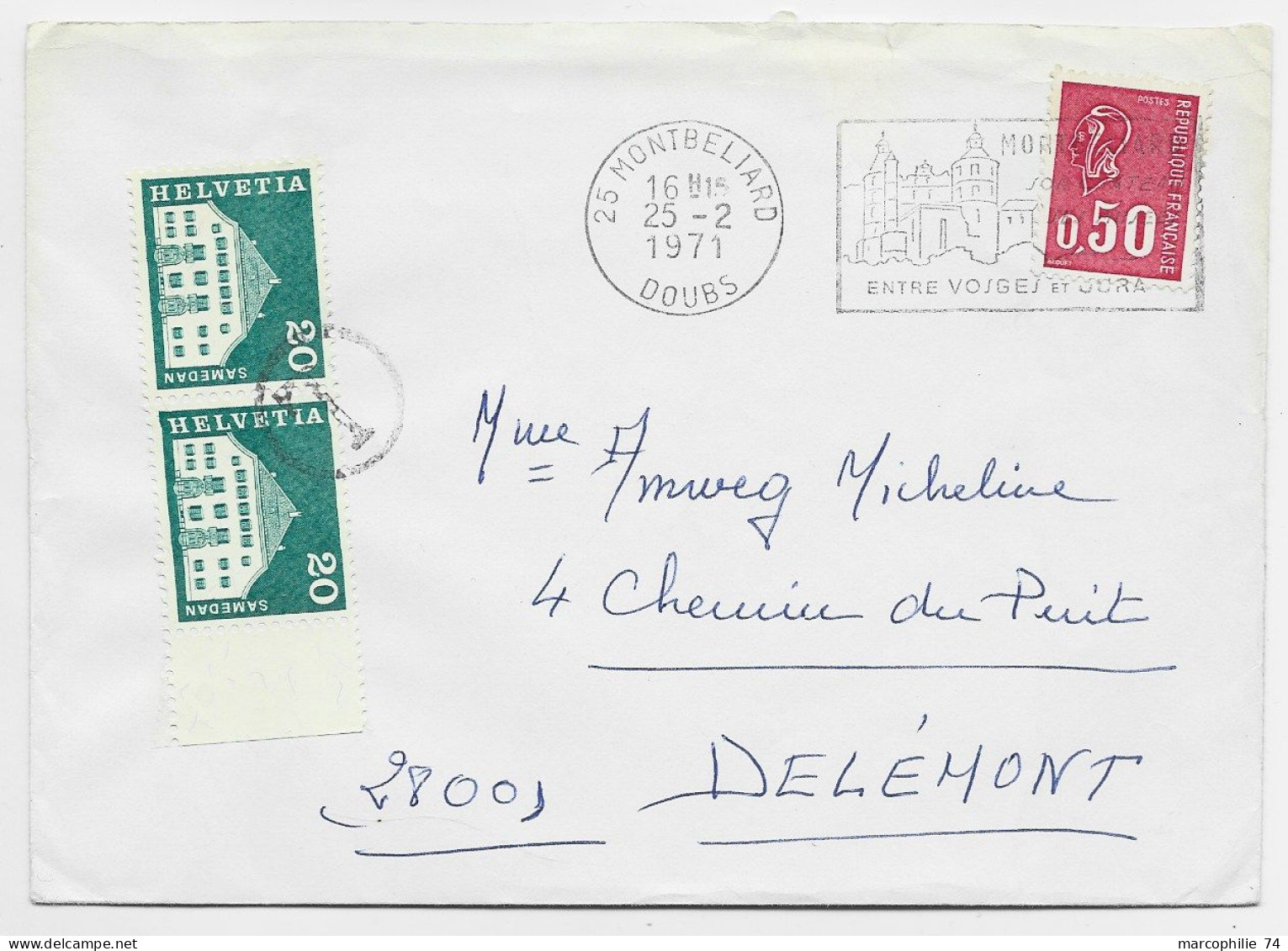 BEQUET 50C SEUL LETTRE MEC MONTBELIARD DOUBS 25.2.1971 POUR SUISSE TAXE 20C VERT PAIRE - 1971-1976 Marianne Of Béquet