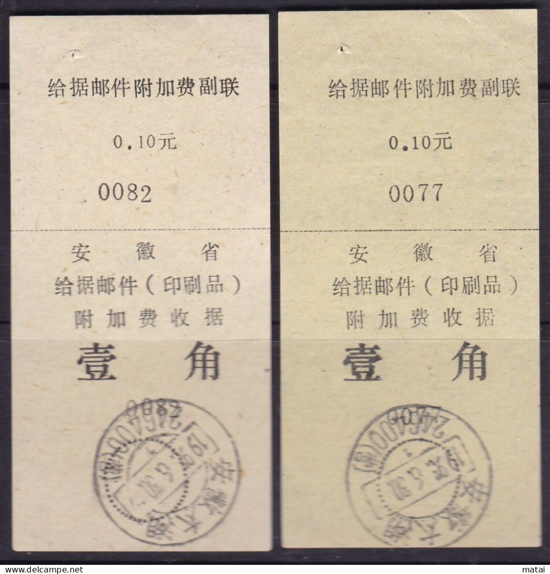 CHINA CHINE CINA 1993.6.30 ANHUI TAIHU 246400 ADDED CHARGE LABEL (ACL) ) 0.10 YUAN X 2 VARIETY & Paper Is Different - Other & Unclassified