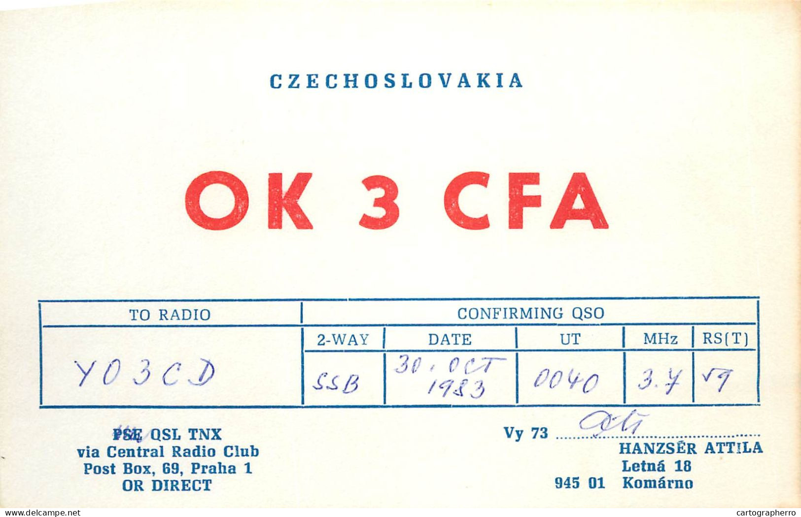 QSL Card Czechoslovakia Radio Amateur Station OK3CFA Y03CD 1983 Attila - Radio Amateur