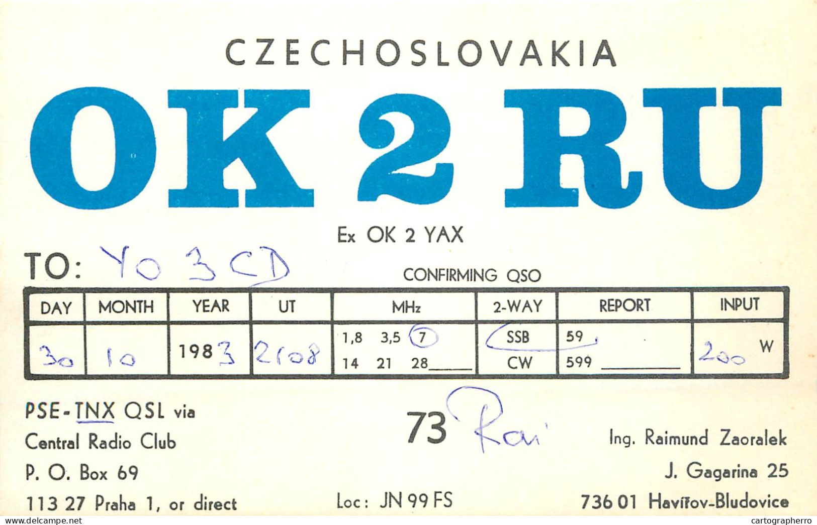 QSL Card Czechoslovakia Radio Amateur Station OK2RU Y03CD 1983 Raimund - Radio Amateur