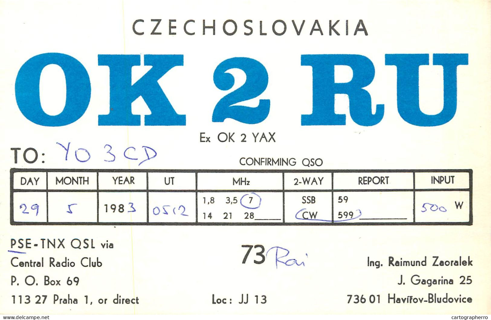 QSL Card Czechoslovakia Radio Amateur Station OK2RU Y03CD 1983 Raimund - Radio Amateur