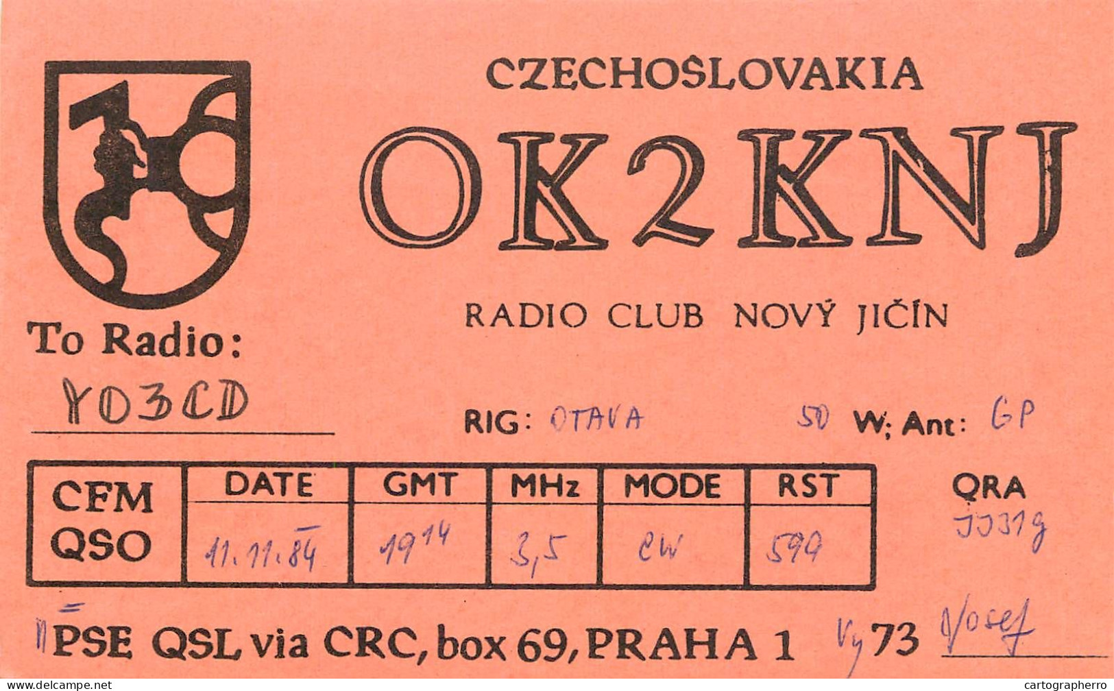 QSL Card Czechoslovakia Radio Amateur Station OK2KNJ Y03CD 1984 Yosef - Radio Amateur