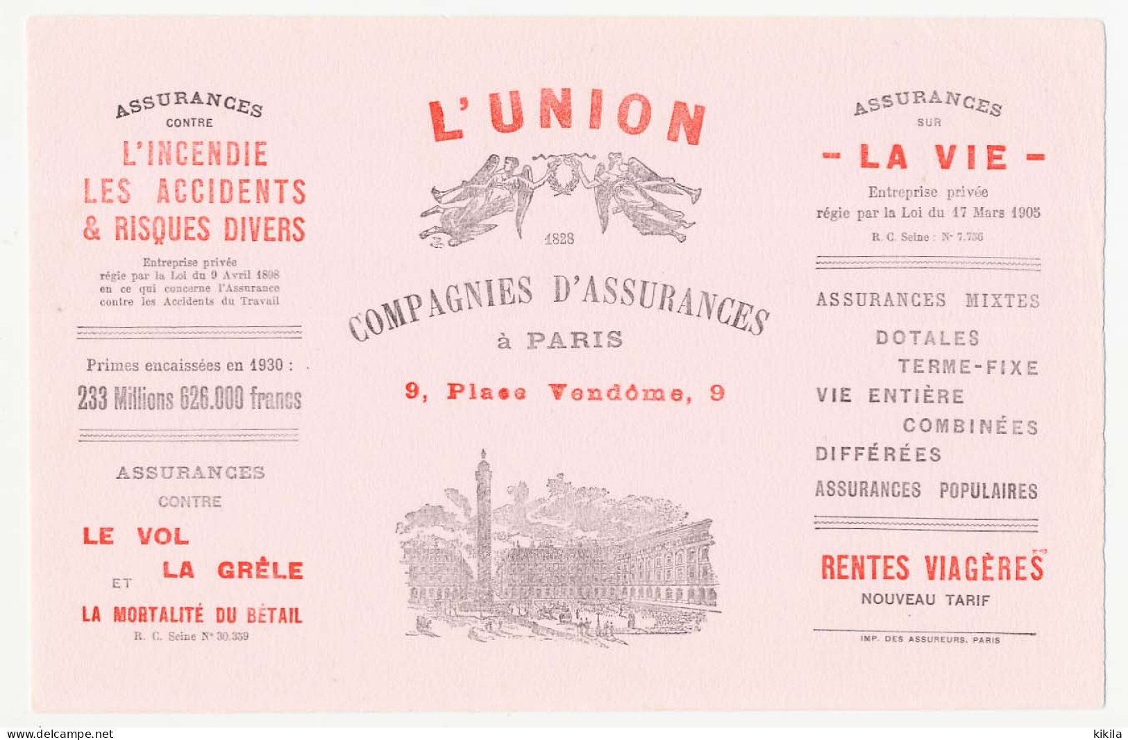 Buvard 21.7 X 14.1 Compagnies D'assurances L'UNION Depuis 1828 Primes Encaissées En 1930 233 Millions 626.000 Francs - Bank & Insurance