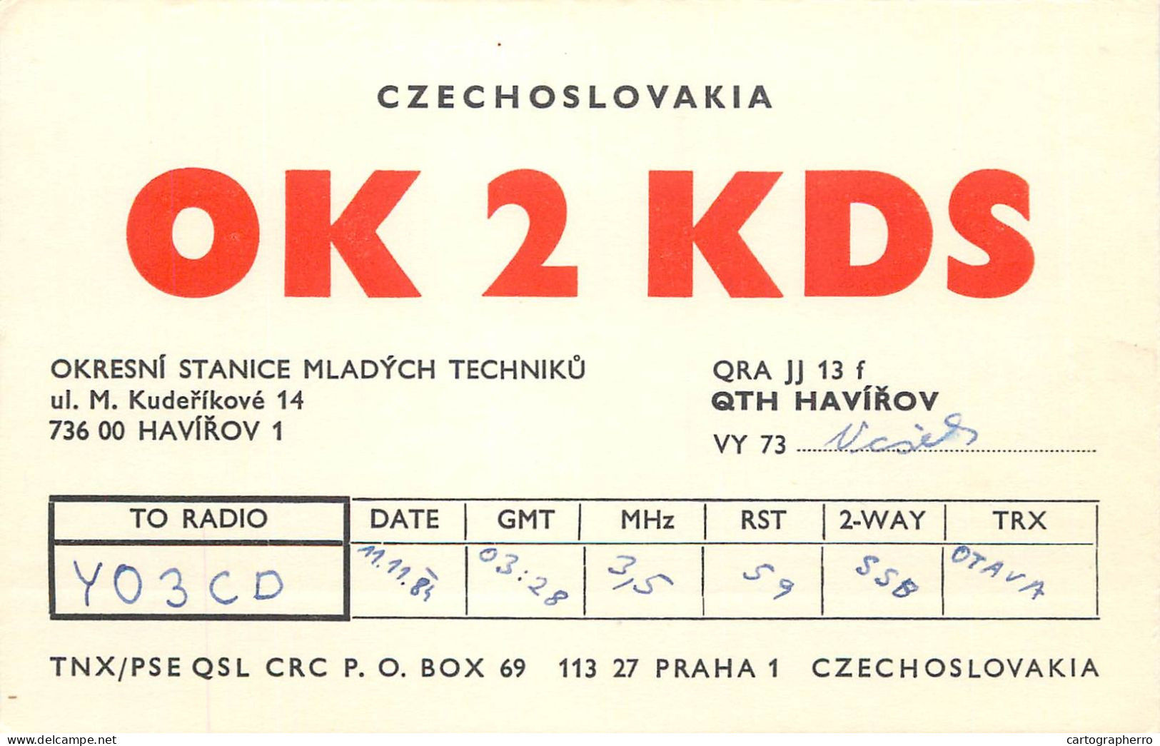 QSL Card Czechoslovakia Radio Amateur Station OK2KDS Y03CD 1984 Nasik - Radio Amateur