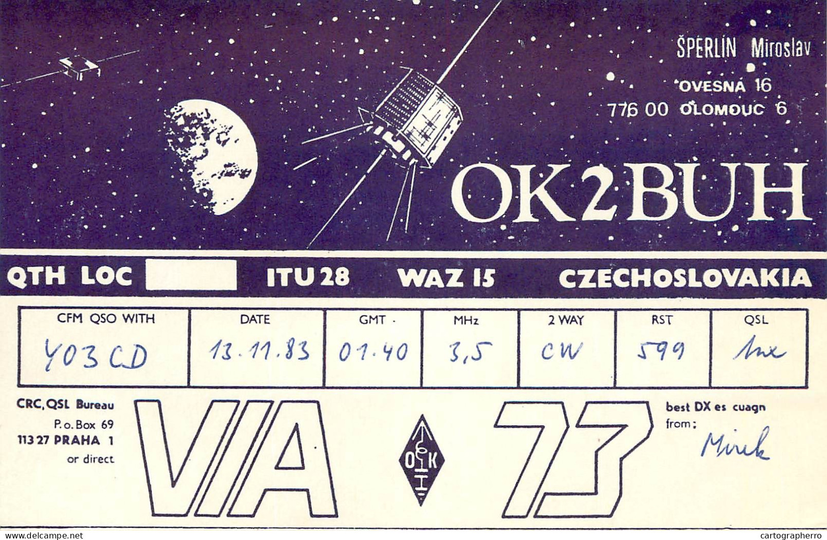 QSL Card Czechoslovakia Radio Amateur Station OK2BUHJ Y03CD 1983 Miroslav - Radio Amateur