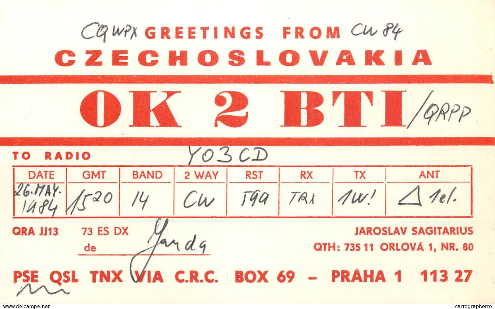 QSL Card Czechoslovakia Radio Amateur Station OK2BTI Y03CD 1984 Jaroslav - Radio Amateur