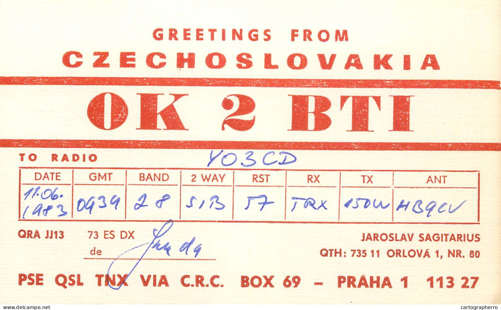 QSL Card Czechoslovakia Radio Amateur Station OK2BTI Y03CD 1984 Jaroslav - Radio Amateur