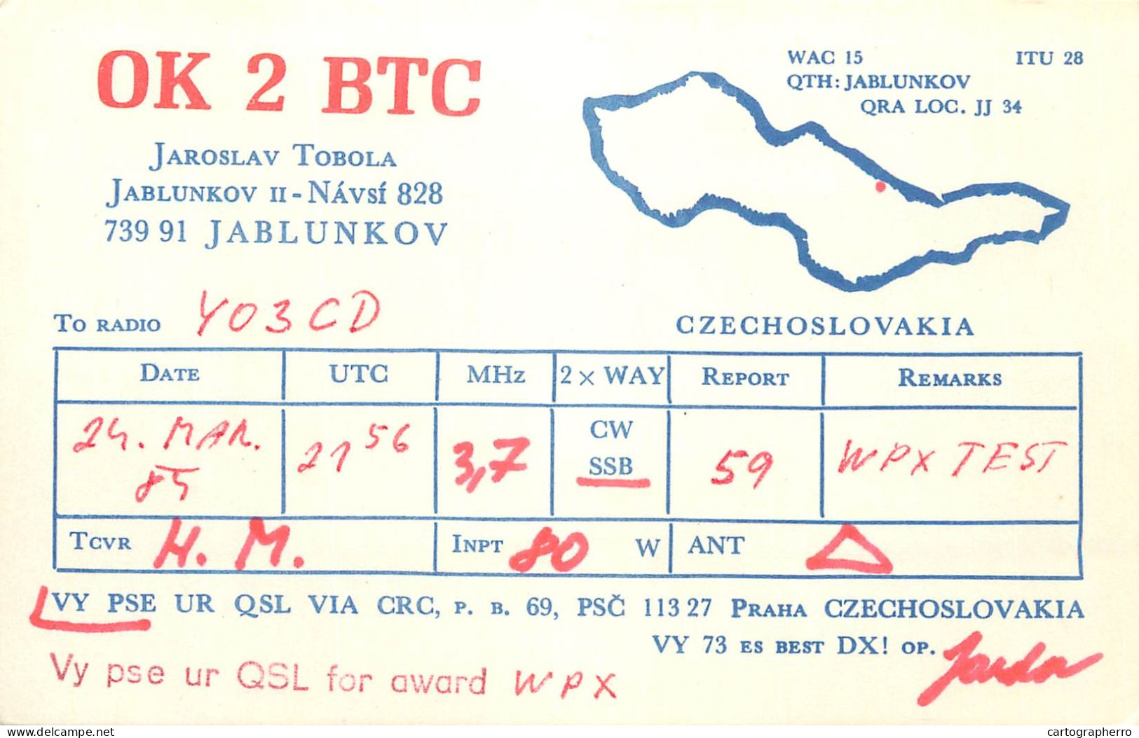 QSL Card Czechoslovakia Radio Amateur Station OK2BTC Y03CD 1984 Jaroslav - Radio Amateur