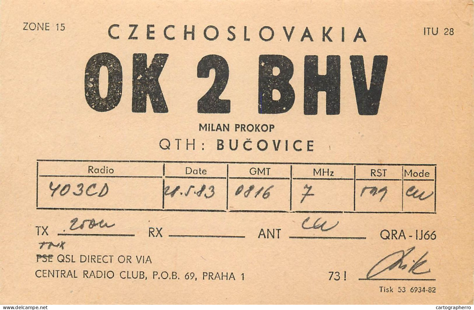 QSL Card Czechoslovakia Radio Amateur Station OK2BHV Y03CD 1983 Milan - Radio Amateur