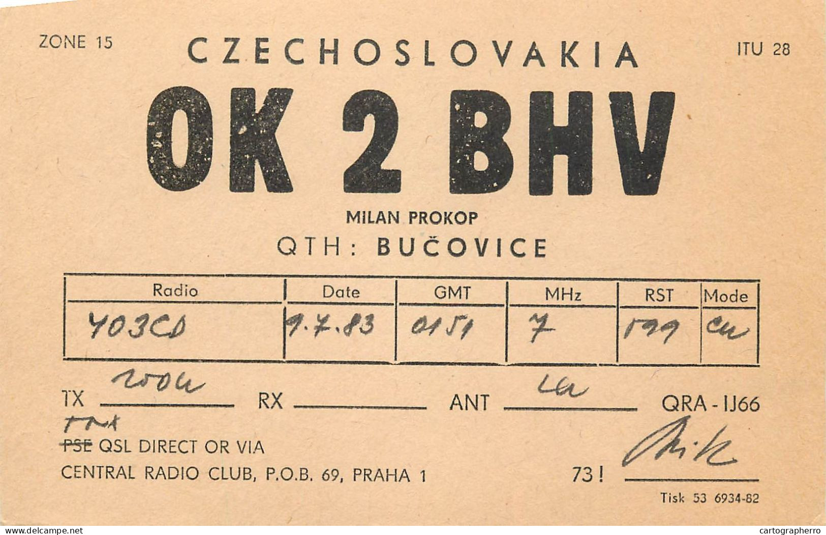 QSL Card Czechoslovakia Radio Amateur Station OK2BHV Y03CD 1983 Milan - Radio Amateur