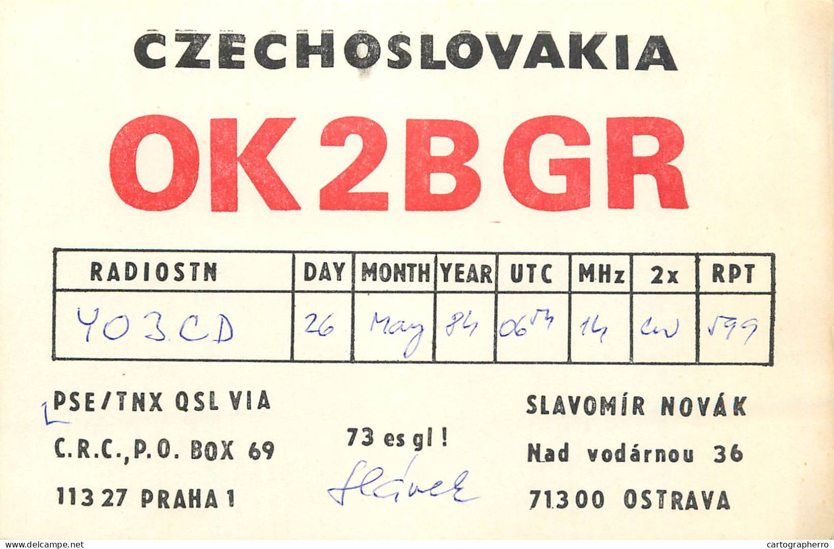 QSL Card Czechoslovakia Radio Amateur Station OK2BGR Y03CD 1984 Slavomir - Radio Amateur