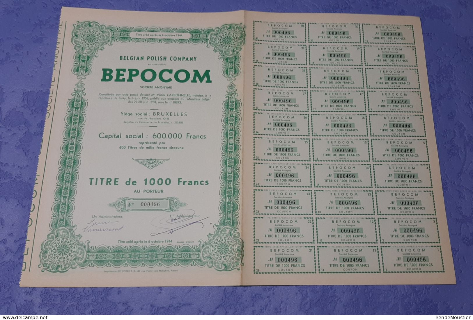 Belgian Polish Company - BEPOCOM S.A. - Commerce - Titre De 1000 Frs Au Porteur - Pologne - Bruxelles 1958. - Industrie
