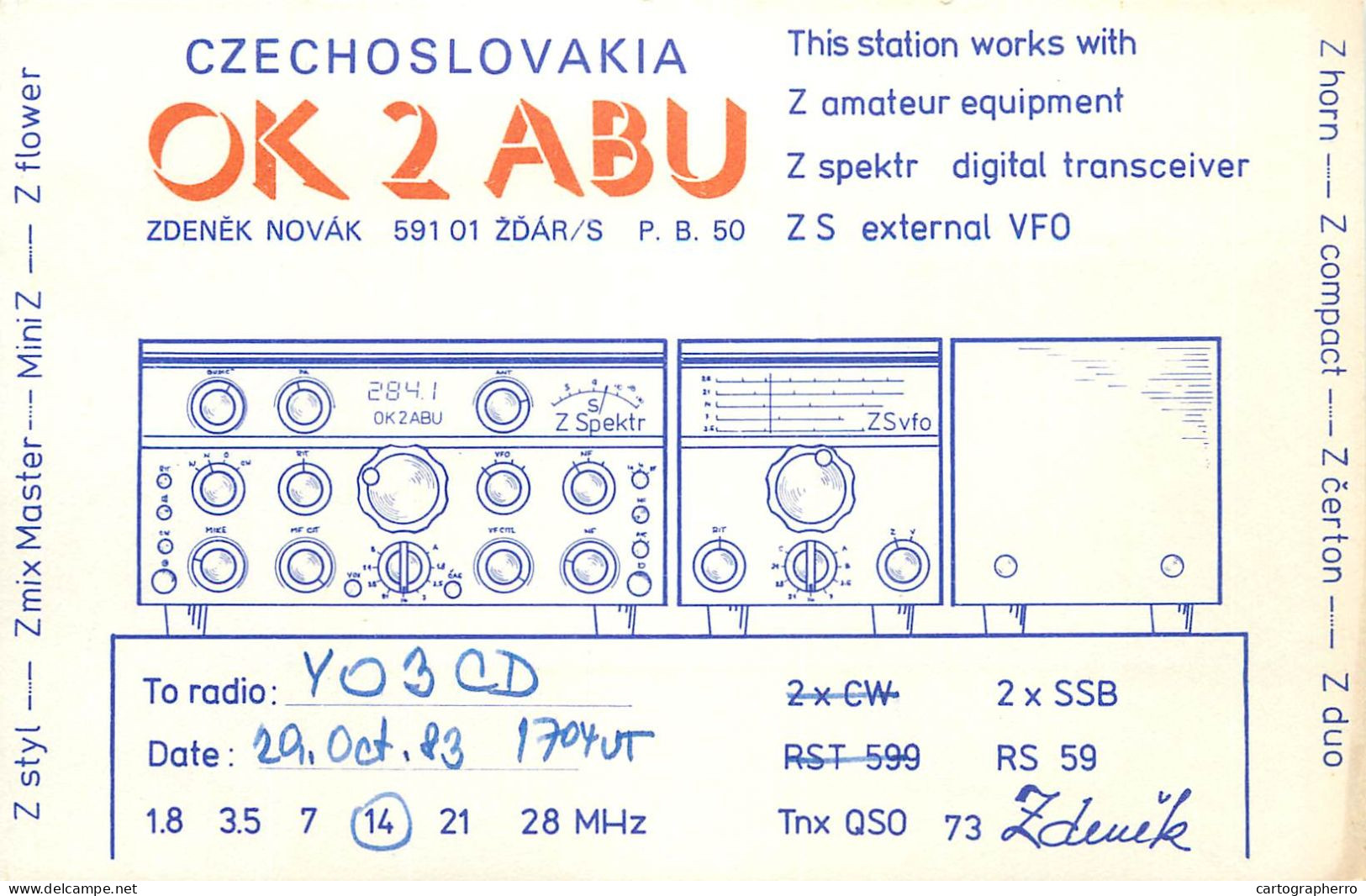 QSL Card Czechoslovakia Radio Amateur Station OK2ABU Y03CD 1983 Zdenek - Radio Amateur