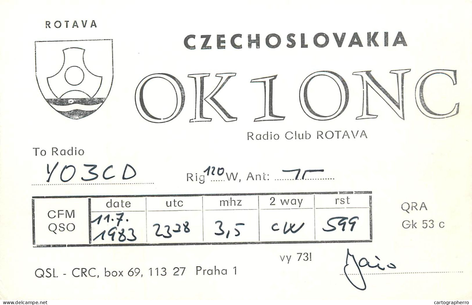 QSL Card Czechoslovakia Radio Amateur Station OK1ONC Y03CD 1983 - Radio Amateur