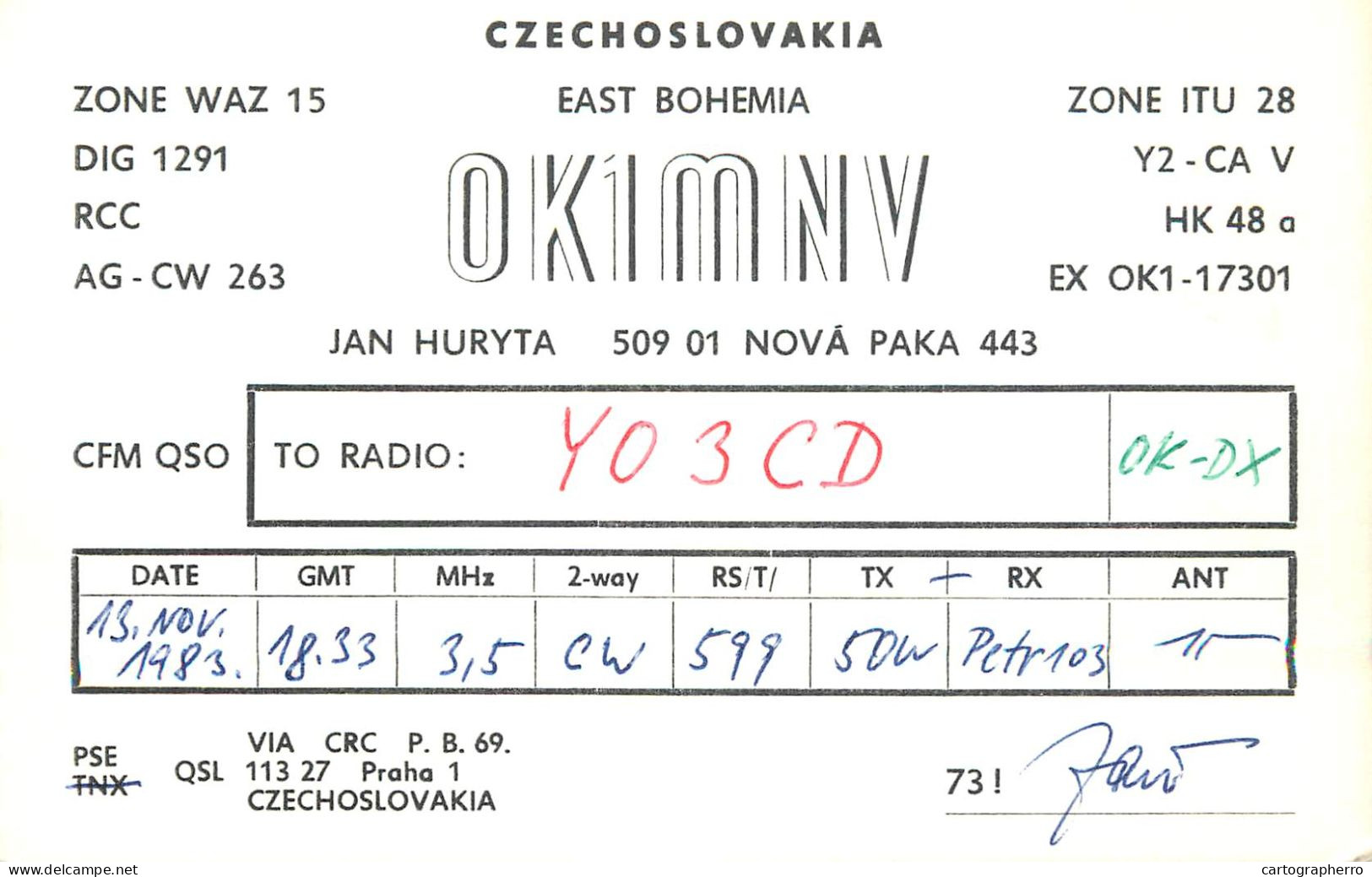 QSL Card Czechoslovakia Radio Amateur Station OK1MNV Y03CD 1983 Jan Huryta - Radio Amateur