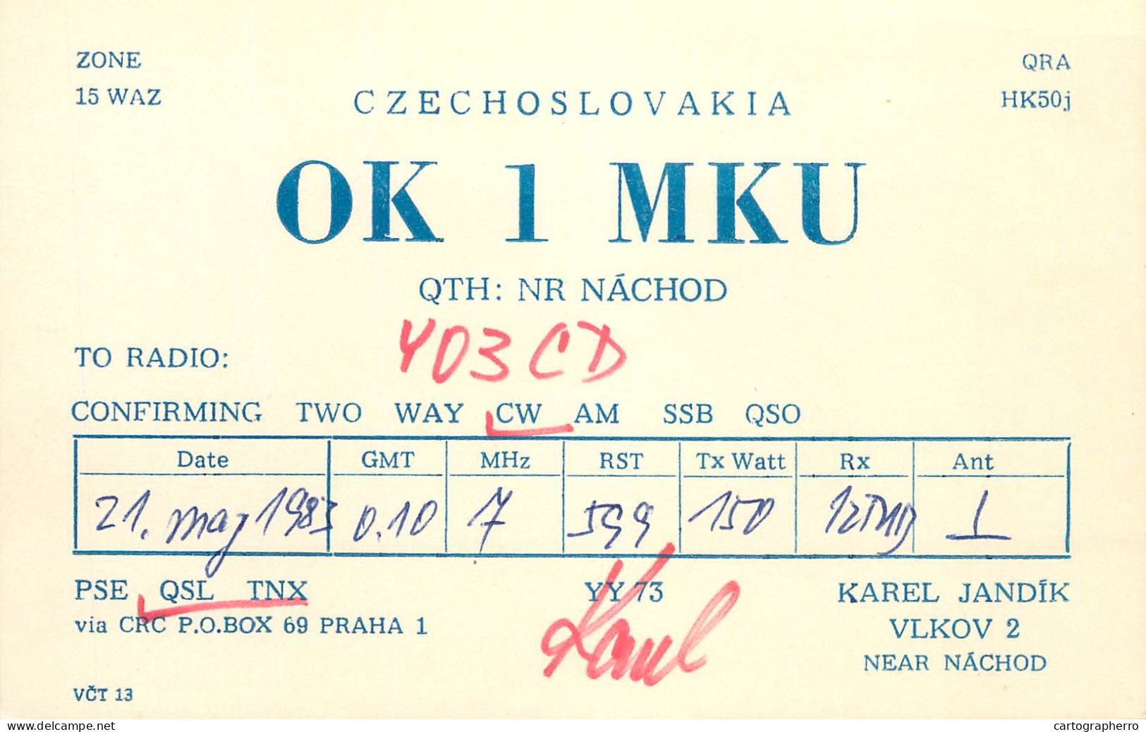 QSL Card Czechoslovakia Radio Amateur Station OK1MKU Y03CD 1983 Karel Jandik - Radio Amateur