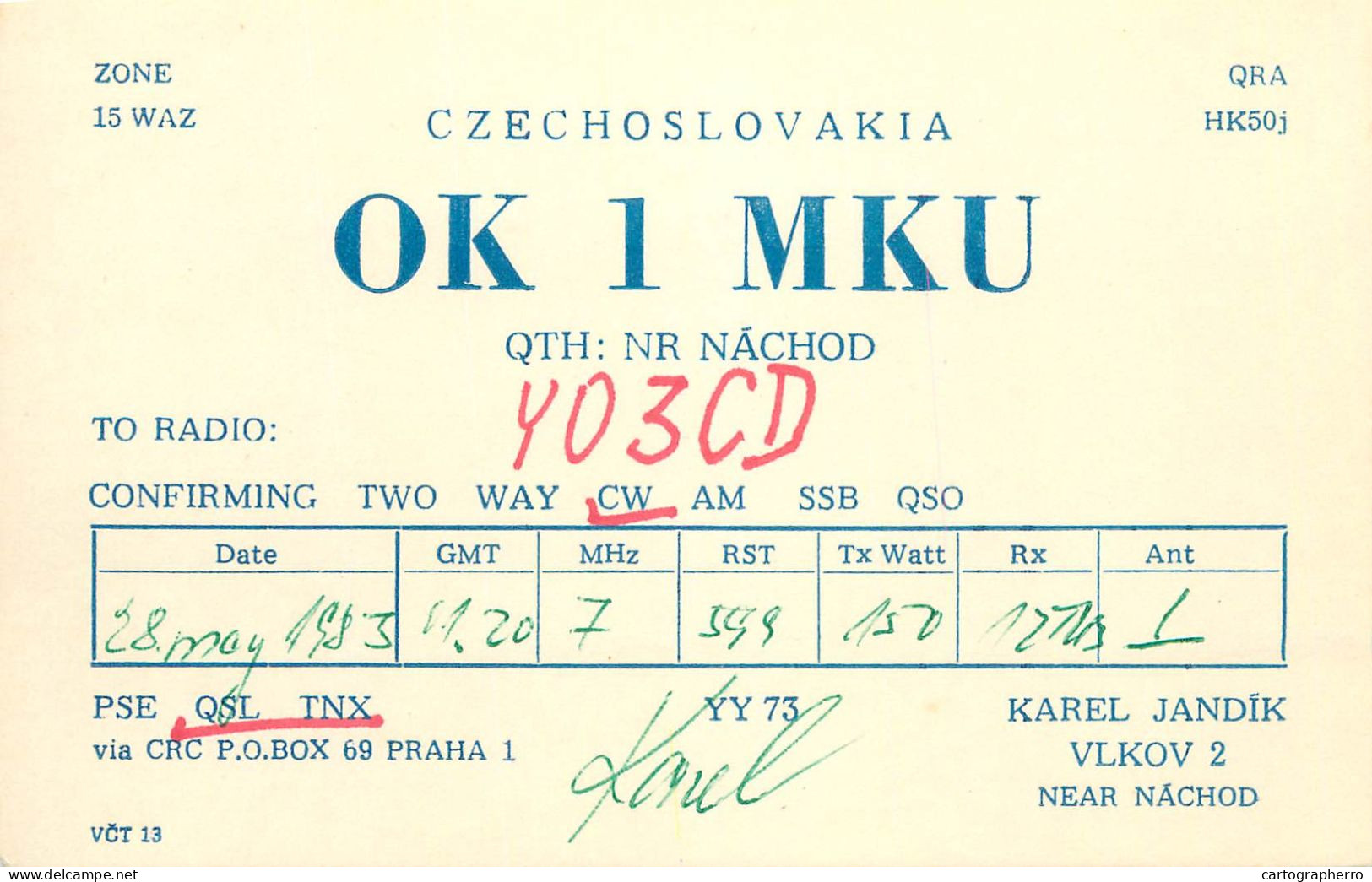 QSL Card Czechoslovakia Radio Amateur Station OK1MKU Y03CD 1983 Karel Jandik - Radio Amateur