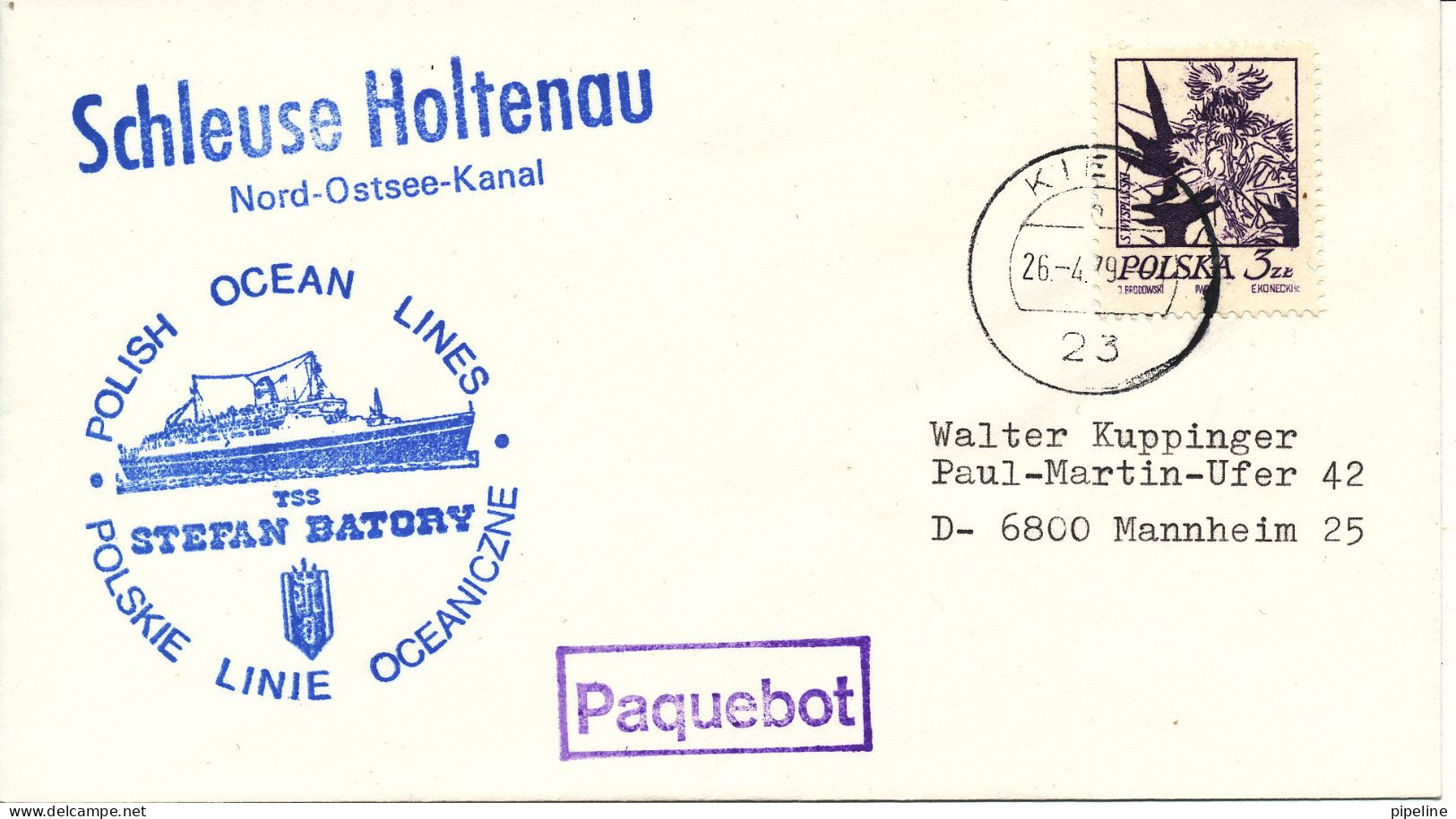 Poland Ship Cover Paquebot TSS Stefan Batory Polish Ocean Lines Nord-Ostsee Kanal Schleuse Holtenau Kiel 26-4-1979 - Storia Postale