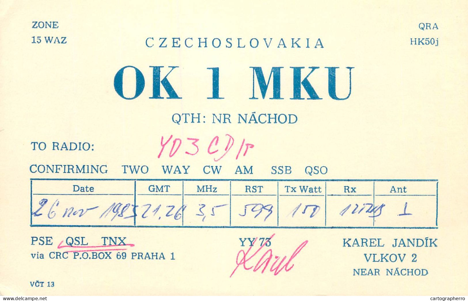 QSL Card Czechoslovakia Radio Amateur Station OK1MKU Y03CD 1983 Karel Jandik - Radio Amateur