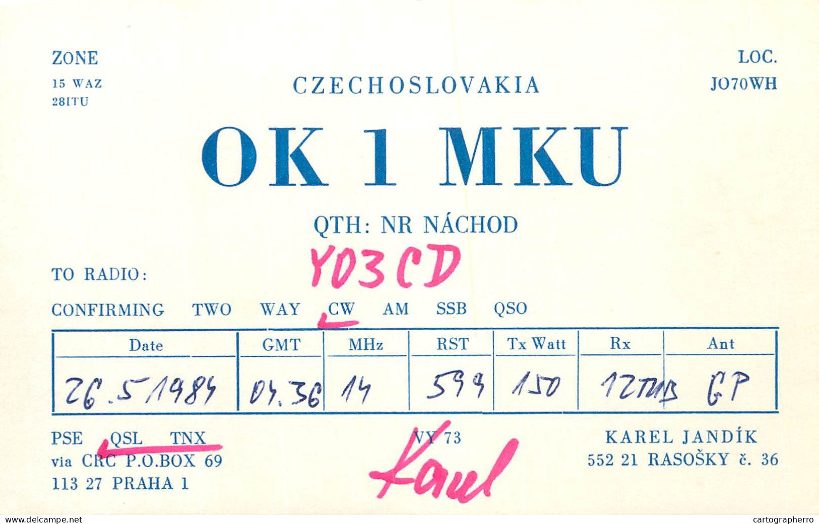 QSL Card Czechoslovakia Radio Amateur Station OK1MKU Y03CD 1983 Karel Jandik - Radio Amateur