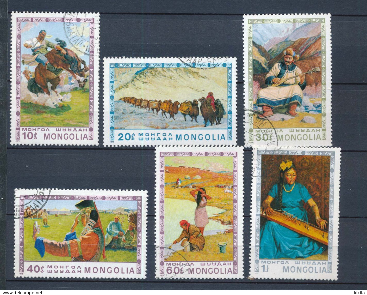 6 Timbres Oblitérés De MONGOLIE  Scènes De Mongolie Domptage D'un Cheval Caravane De Chameaux Musicienne - Otros & Sin Clasificación