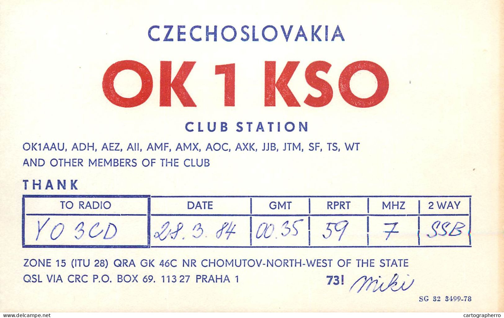 QSL Card Czechoslovakia Radio Amateur Station OK1KSO Y03CD 1984 Miki - Radio Amateur
