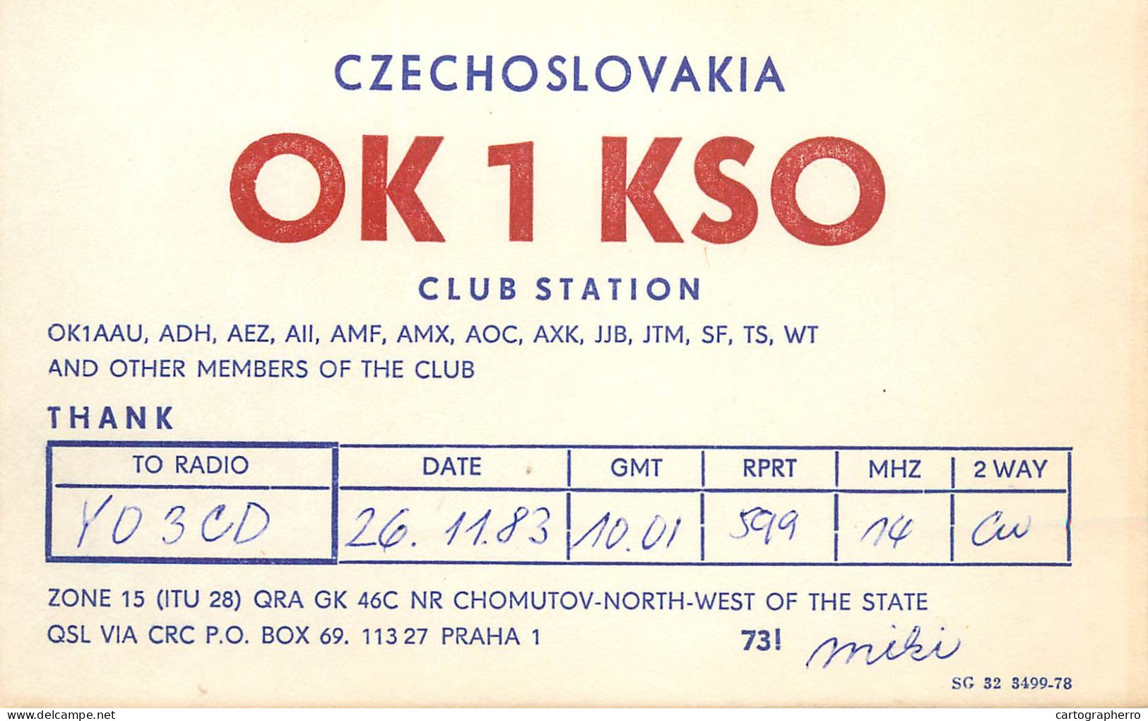 QSL Card Czechoslovakia Radio Amateur Station OK1KSO Y03CD 1983 Miki - Radio Amateur