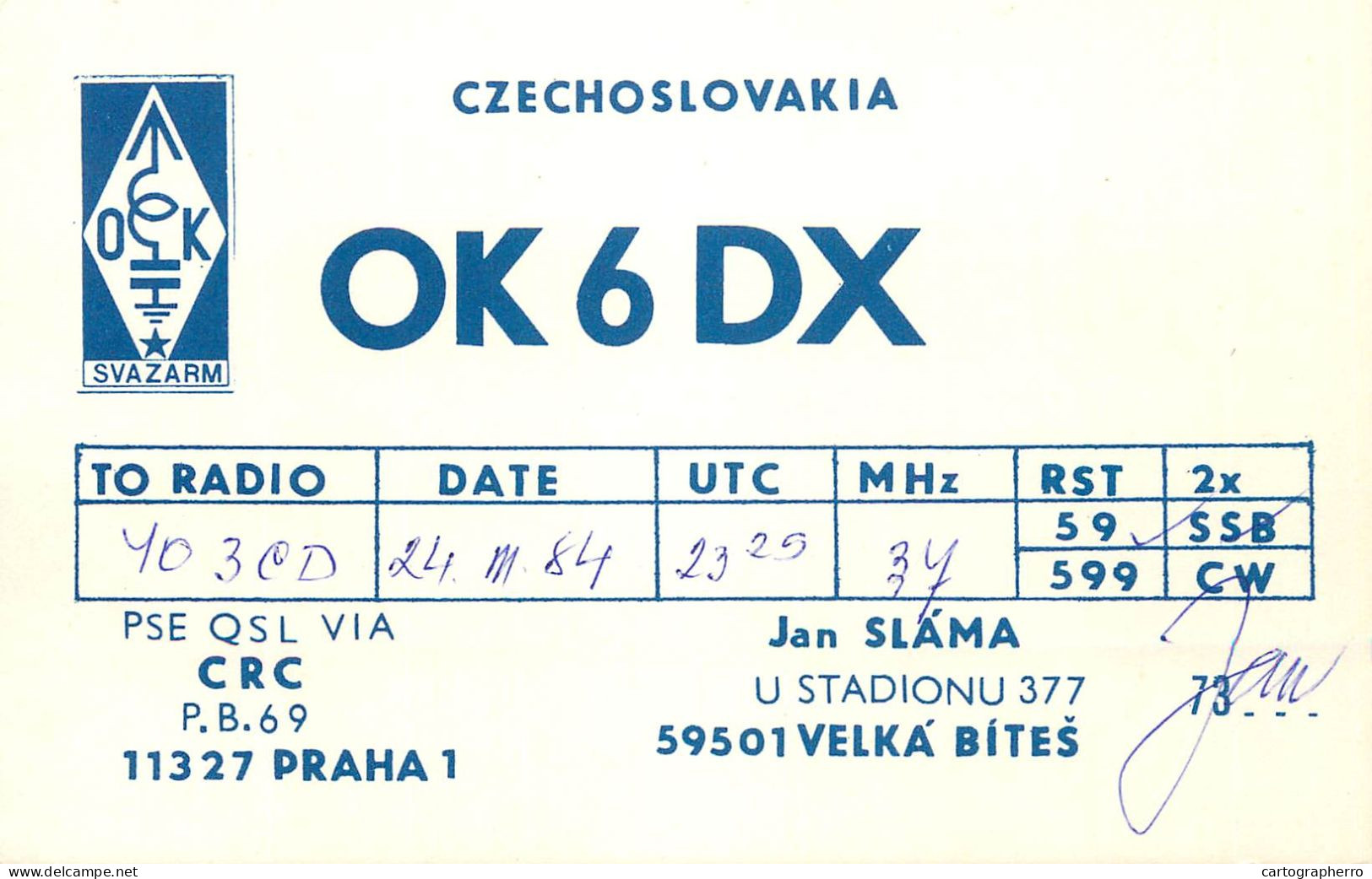 QSL Card Czechoslovakia Radio Amateur Station OK6DX Y03CD 1984 Jan Slama - Radio Amateur