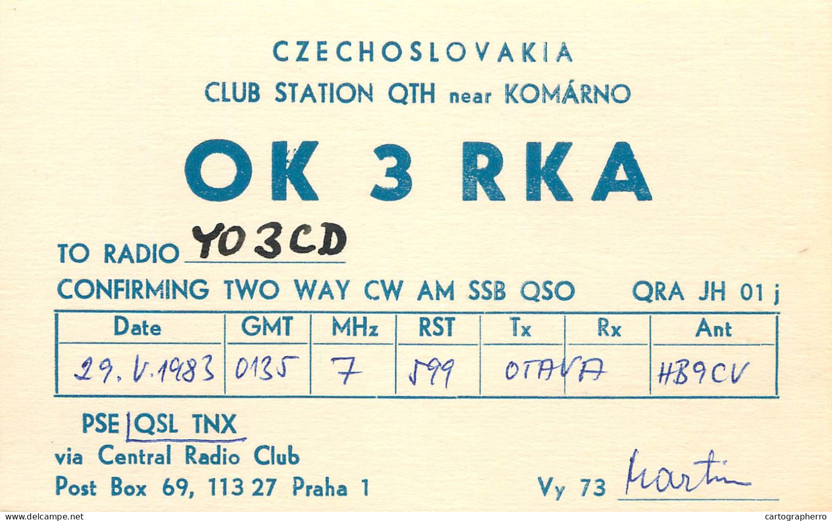 QSL Card Czechoslovakia Radio Amateur Station OK3RKA Y03CD 1983 Martin - Radio Amateur