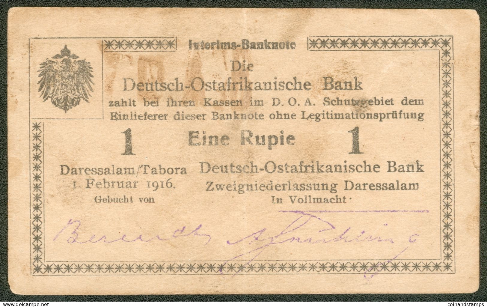 German East Africa 1 Rupie 1916 Rosenberg Nr.928s RARITÄT, III- - Deutsch-Ostafrikanische Bank