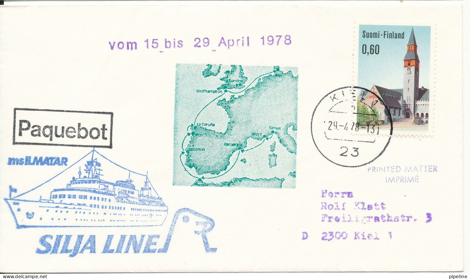 Finland Ship Cover Paquebot M/S Ilmatar Silja Cruises Line Visit Kiel 29-4-1978 Sent To Germany - Lettres & Documents