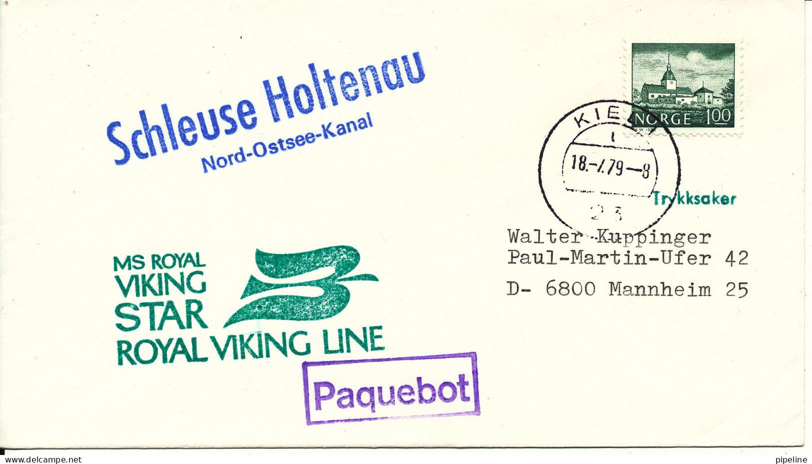 Norway Ship Cover Paquebot M/S Royal Viking Star Royal Viking Line Schleuse Holtenau Nord-Ostsee Kanal Sent To Germany 1 - Lettres & Documents