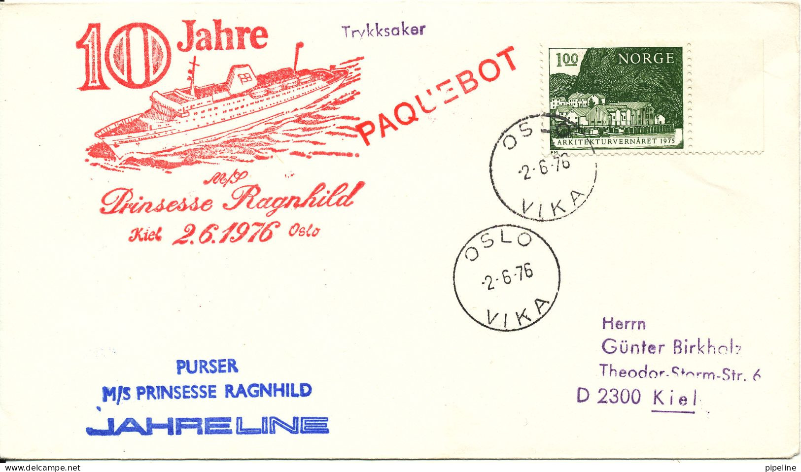 Norway Ship Cover Paquebot M/S Prinsesse Ragnhild Jahreline "10 Jahre" Visit Oslo Vika 2-6-1976 Sent To Germany - Covers & Documents