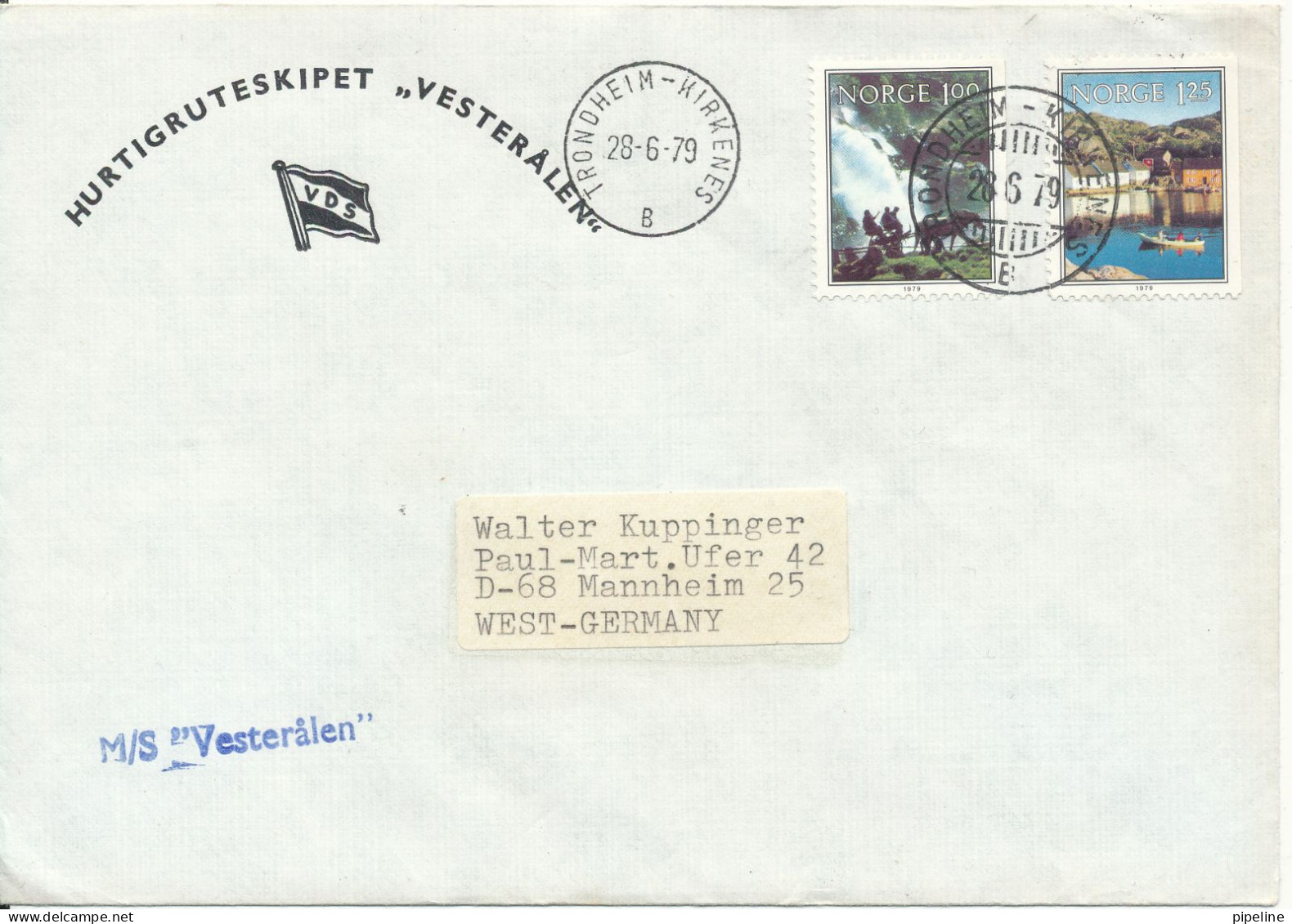 Norway Ship Cover M/S Vesteralen Trondheim - Kirkenes 28-6-1979 Sent To Germany - Briefe U. Dokumente