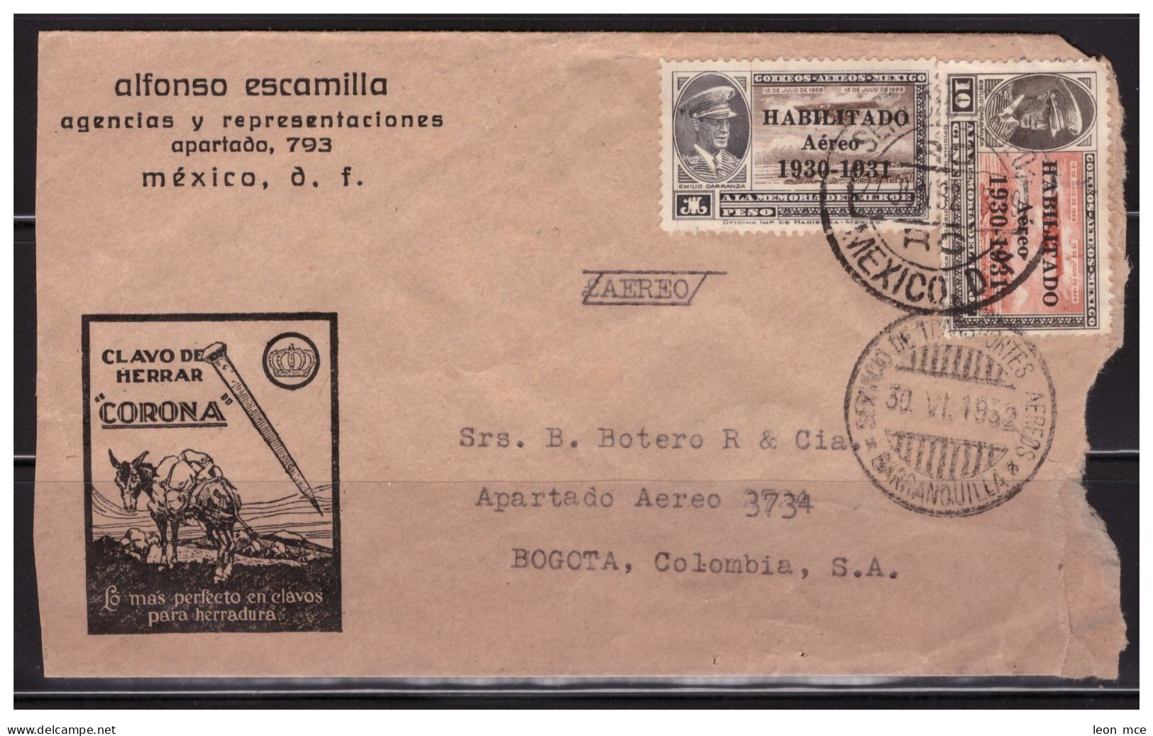 1932 MEXICO CIRCULATED COVER, FROM MEXICO TO BOGOTA COLOMBIA, EMILIO CARRANZA AND AIRPLANE - Mexico