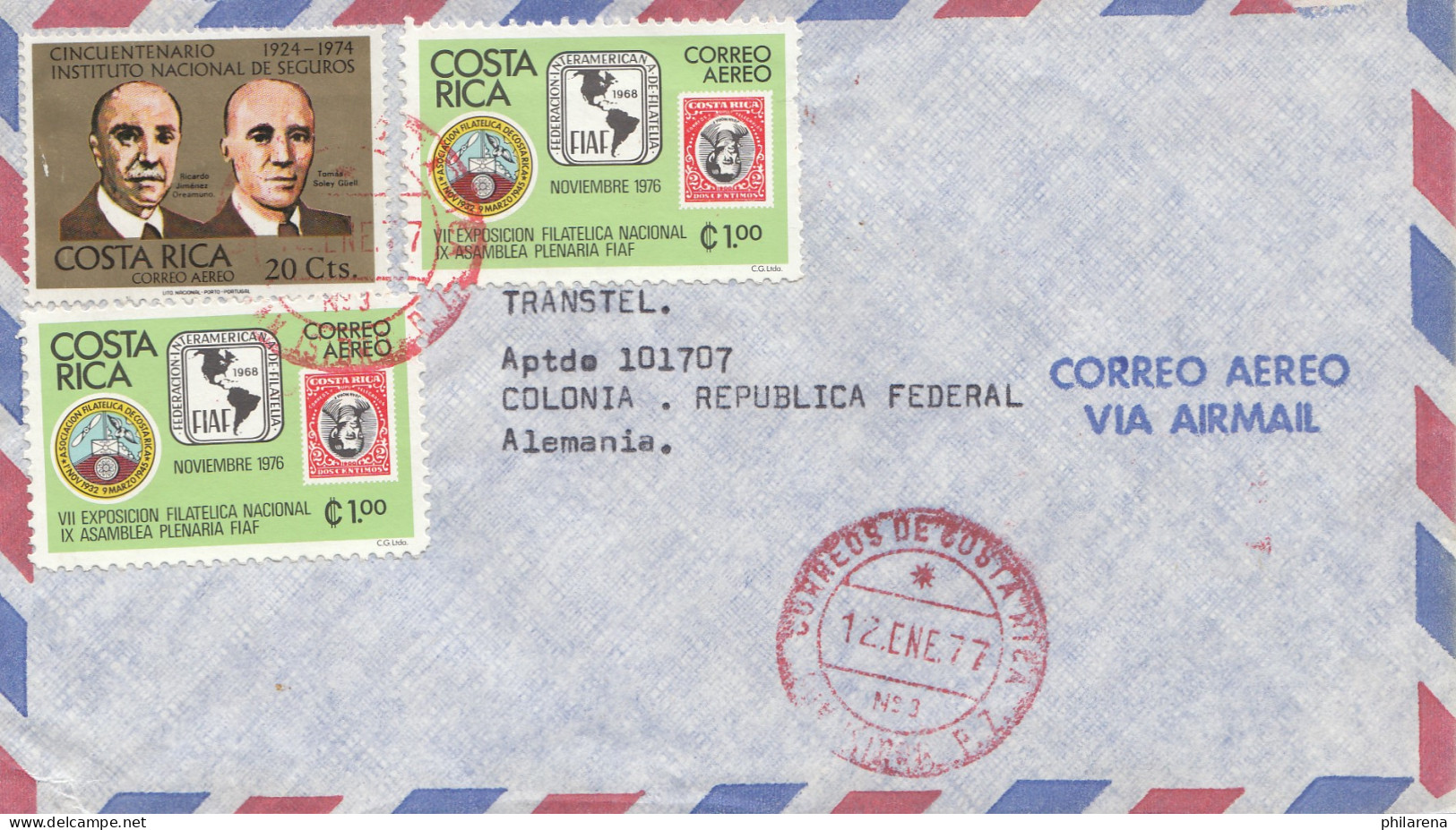 Costa Rica: 1977: San Jose To Colonia-Köln - Airmail - Costa Rica